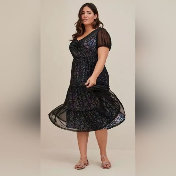 torrid Dresses & Skirts - Torrid Black Midi Fit and Flare Dress with Puff Sleeves and Ruffled Skirt